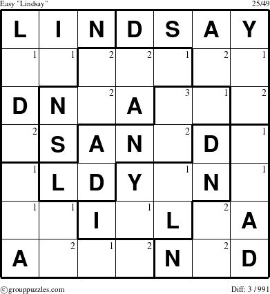 The grouppuzzles.com Easy Lindsay puzzle for  with the first 3 steps marked