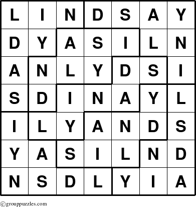 The grouppuzzles.com Answer grid for the Lindsay puzzle for 