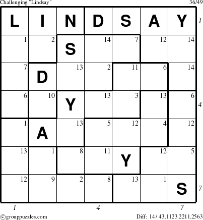 The grouppuzzles.com Challenging Lindsay puzzle for , suitable for printing, with all 14 steps marked