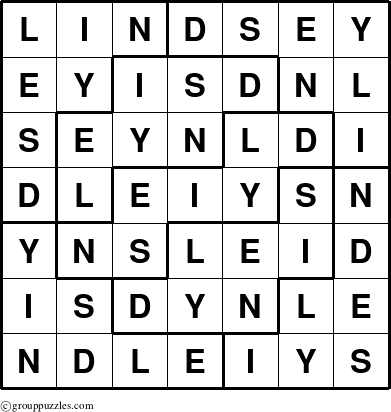 The grouppuzzles.com Answer grid for the Lindsey puzzle for 