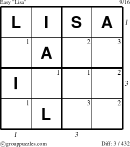 The grouppuzzles.com Easy Lisa puzzle for , suitable for printing, with all 3 steps marked