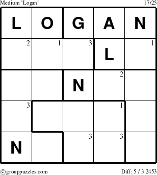 The grouppuzzles.com Medium Logan puzzle for  with the first 3 steps marked