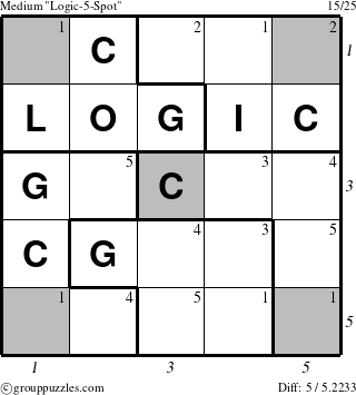 The grouppuzzles.com Medium Logic-5-Spot-r1 puzzle for  with all 5 steps marked