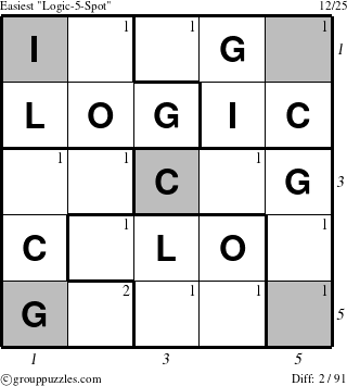 The grouppuzzles.com Easiest Logic-5-Spot-r1 puzzle for , suitable for printing, with all 2 steps marked