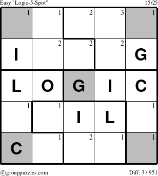 The grouppuzzles.com Easy Logic-5-Spot-r2 puzzle for  with the first 3 steps marked