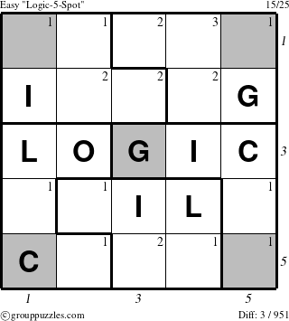 The grouppuzzles.com Easy Logic-5-Spot-r2 puzzle for  with all 3 steps marked