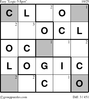 The grouppuzzles.com Easy Logic-5-Spot-r3 puzzle for  with the first 3 steps marked