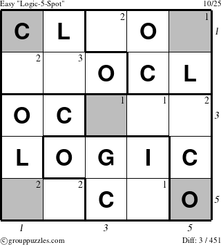 The grouppuzzles.com Easy Logic-5-Spot-r3 puzzle for  with all 3 steps marked