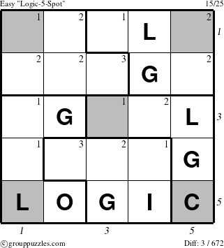 The grouppuzzles.com Easy Logic-5-Spot-r4 puzzle for  with all 3 steps marked