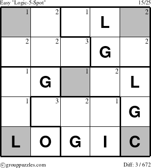 The grouppuzzles.com Easy Logic-5-Spot-r4 puzzle for  with the first 3 steps marked