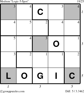 The grouppuzzles.com Medium Logic-5-Spot-r4 puzzle for , suitable for printing, with all 5 steps marked