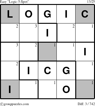 The grouppuzzles.com Easy Logic-5-Spot puzzle for  with the first 3 steps marked