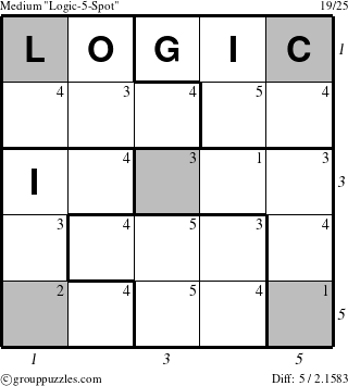 The grouppuzzles.com Medium Logic-5-Spot puzzle for , suitable for printing, with all 5 steps marked