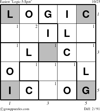 The grouppuzzles.com Easiest Logic-5-Spot puzzle for , suitable for printing, with all 2 steps marked