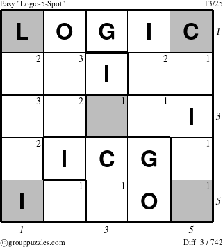 The grouppuzzles.com Easy Logic-5-Spot puzzle for  with all 3 steps marked