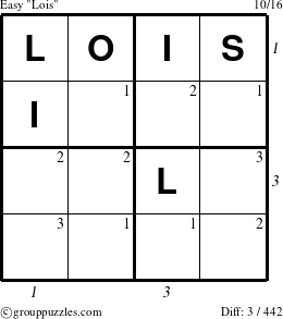 The grouppuzzles.com Easy Lois puzzle for , suitable for printing, with all 3 steps marked