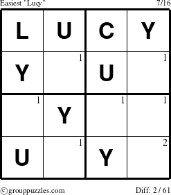 The grouppuzzles.com Easiest Lucy puzzle for  with the first 2 steps marked