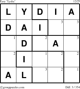 The grouppuzzles.com Easy Lydia puzzle for  with the first 3 steps marked