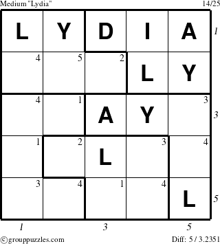 The grouppuzzles.com Medium Lydia puzzle for , suitable for printing, with all 5 steps marked