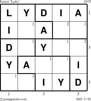 The grouppuzzles.com Easiest Lydia puzzle for , suitable for printing, with all 2 steps marked