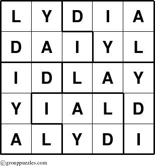 The grouppuzzles.com Answer grid for the Lydia puzzle for 