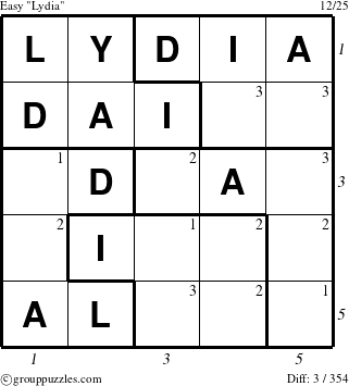 The grouppuzzles.com Easy Lydia puzzle for  with all 3 steps marked