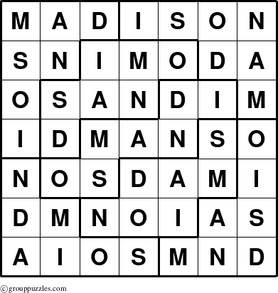 The grouppuzzles.com Answer grid for the Madison puzzle for 