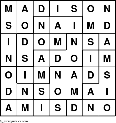 The grouppuzzles.com Answer grid for the Madison puzzle for 