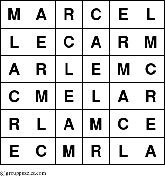 The grouppuzzles.com Answer grid for the Marcel puzzle for 