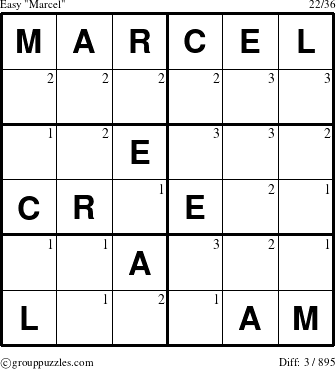 The grouppuzzles.com Easy Marcel puzzle for  with the first 3 steps marked