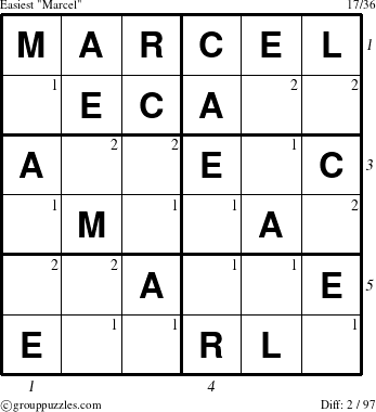 The grouppuzzles.com Easiest Marcel puzzle for , suitable for printing, with all 2 steps marked