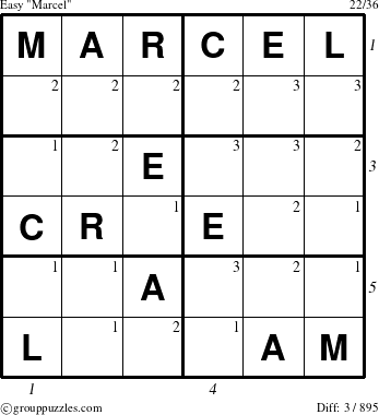 The grouppuzzles.com Easy Marcel puzzle for  with all 3 steps marked