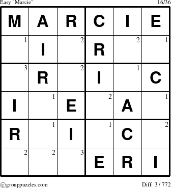 The grouppuzzles.com Easy Marcie puzzle for  with the first 3 steps marked