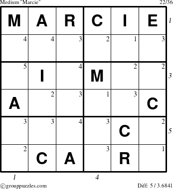 The grouppuzzles.com Medium Marcie puzzle for , suitable for printing, with all 5 steps marked