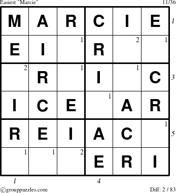 The grouppuzzles.com Easiest Marcie puzzle for , suitable for printing, with all 2 steps marked