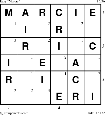 The grouppuzzles.com Easy Marcie puzzle for  with all 3 steps marked