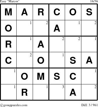 The grouppuzzles.com Easy Marcos puzzle for  with the first 3 steps marked