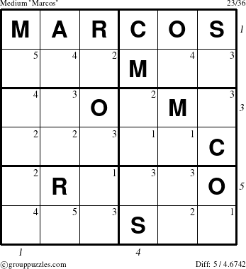 The grouppuzzles.com Medium Marcos puzzle for , suitable for printing, with all 5 steps marked