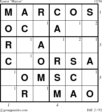 The grouppuzzles.com Easiest Marcos puzzle for , suitable for printing, with all 2 steps marked