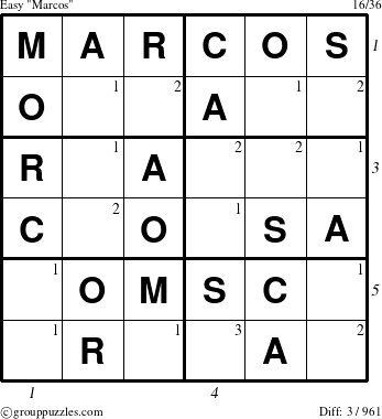 The grouppuzzles.com Easy Marcos puzzle for  with all 3 steps marked