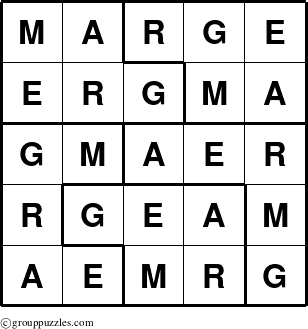 The grouppuzzles.com Answer grid for the Marge puzzle for 