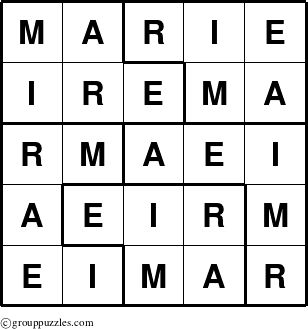 The grouppuzzles.com Answer grid for the Marie puzzle for 