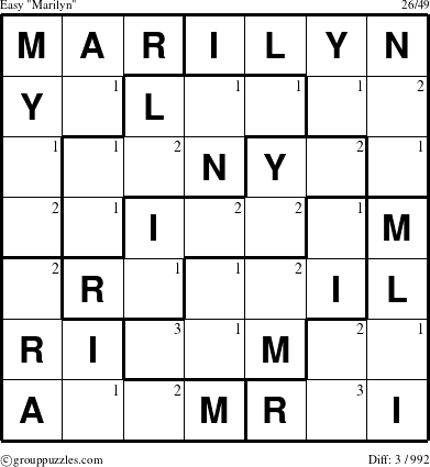 The grouppuzzles.com Easy Marilyn puzzle for  with the first 3 steps marked