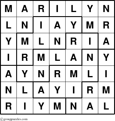 The grouppuzzles.com Answer grid for the Marilyn puzzle for 