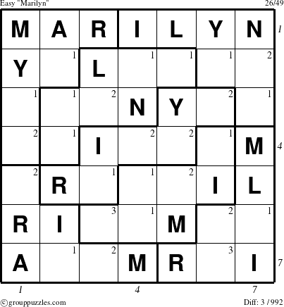 The grouppuzzles.com Easy Marilyn puzzle for  with all 3 steps marked