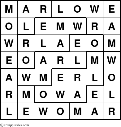 The grouppuzzles.com Answer grid for the Marlowe puzzle for 