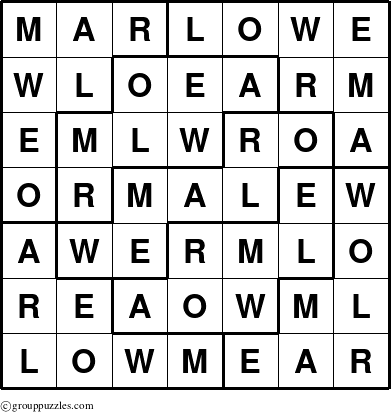 The grouppuzzles.com Answer grid for the Marlowe puzzle for 