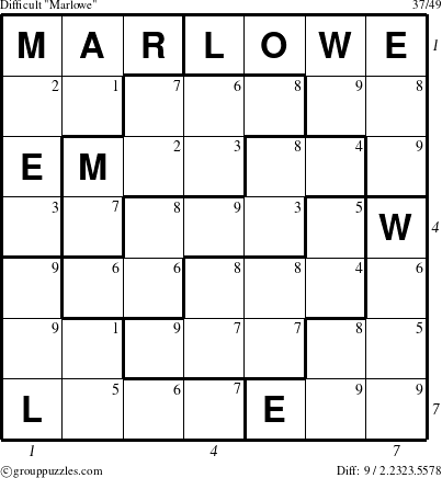 The grouppuzzles.com Difficult Marlowe puzzle for  with all 9 steps marked