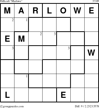 The grouppuzzles.com Difficult Marlowe puzzle for  with the first 3 steps marked