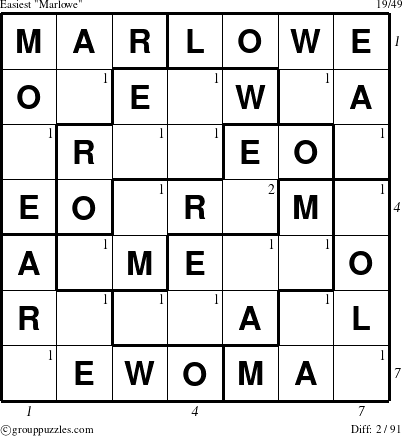 The grouppuzzles.com Easiest Marlowe puzzle for , suitable for printing, with all 2 steps marked